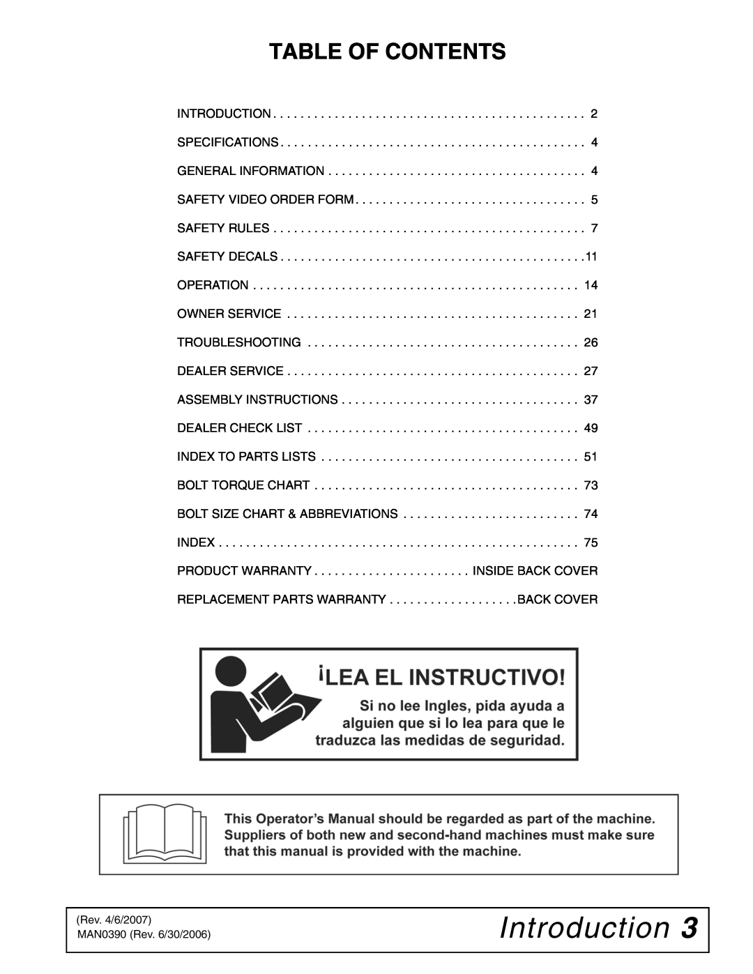 Woods Equipment DS120, DS96 manual Introduction, Table Of Contents 