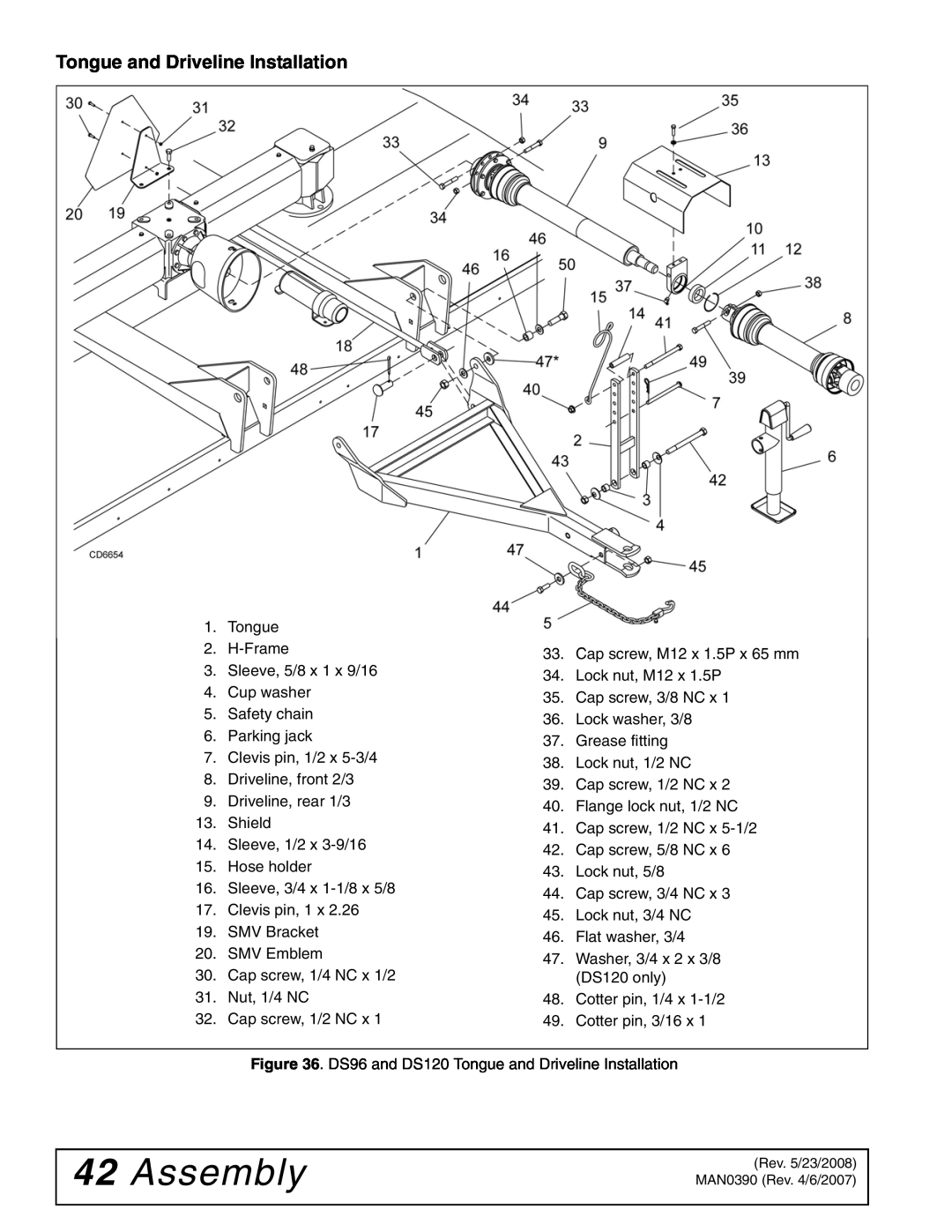 Woods Equipment DS96, DS120 manual Assembly, Tongue and Driveline Installation 
