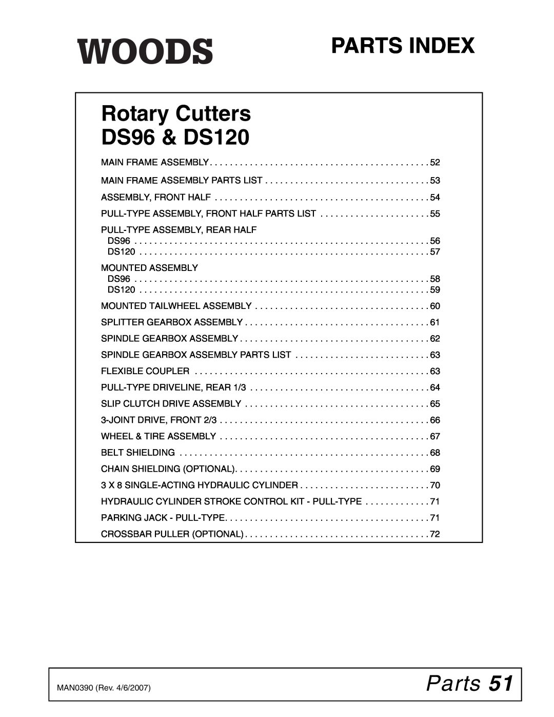 Woods Equipment manual Parts, PARTS INDEX Rotary Cutters DS96 & DS120 