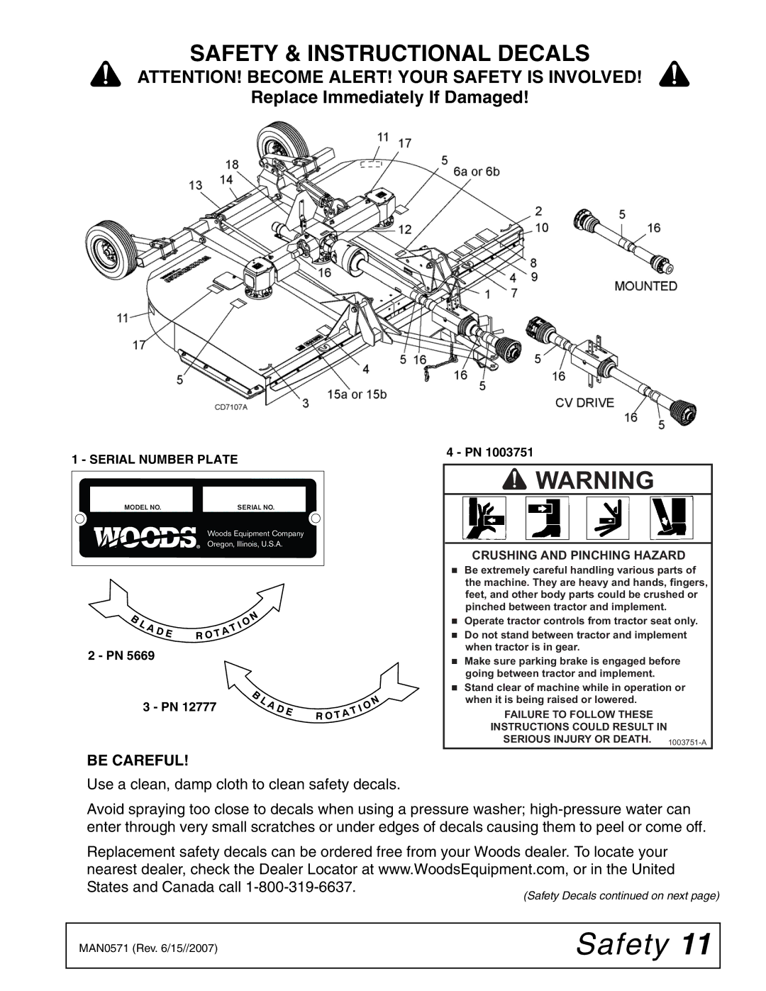 Woods Equipment DS1260Q, DSO1260Q, DS1440Q manual Safety & Instructional Decals, Be Careful 