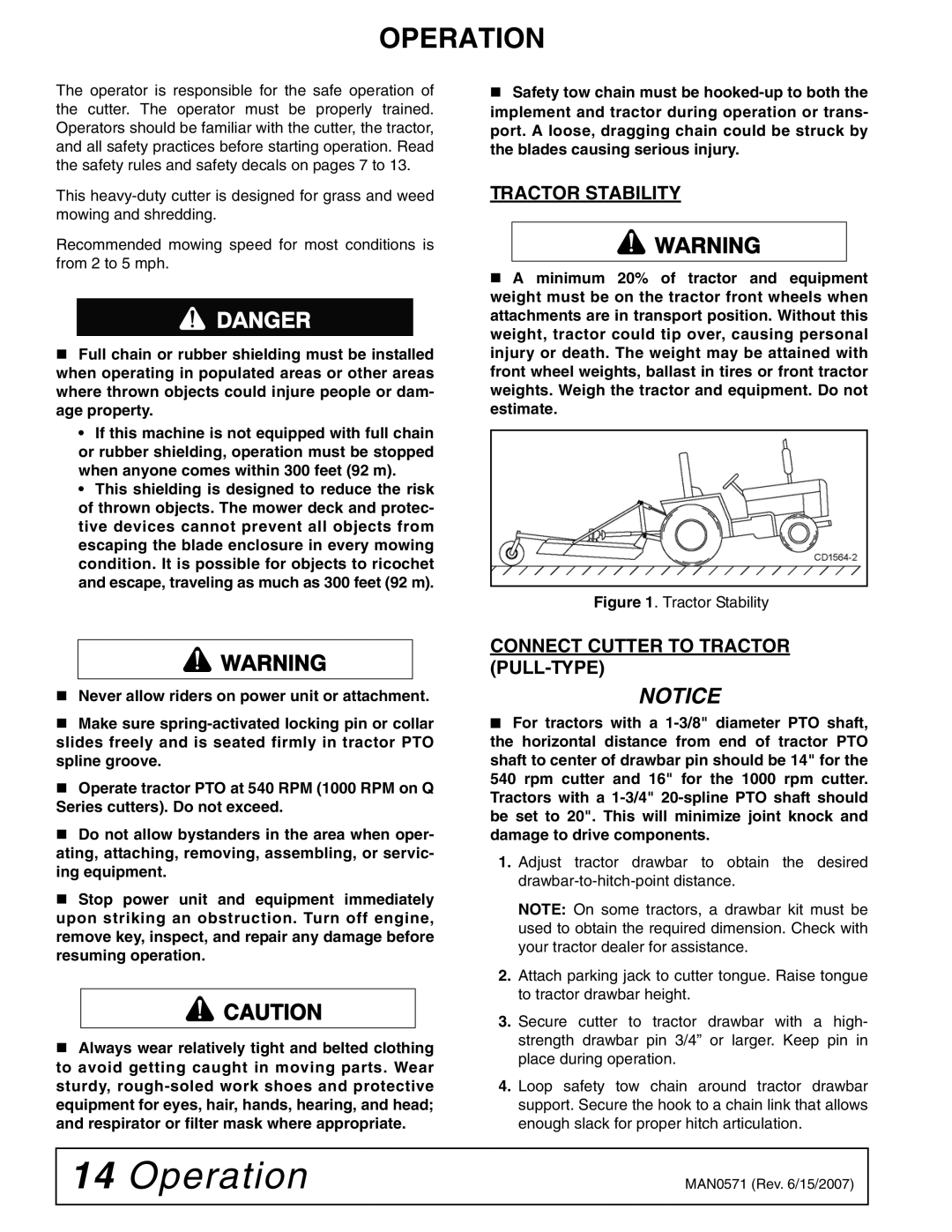 Woods Equipment DSO1260Q, DS1440Q, DS1260Q manual Operation, Tractor Stability, Connect Cutter to Tractor PULL-TYPE 