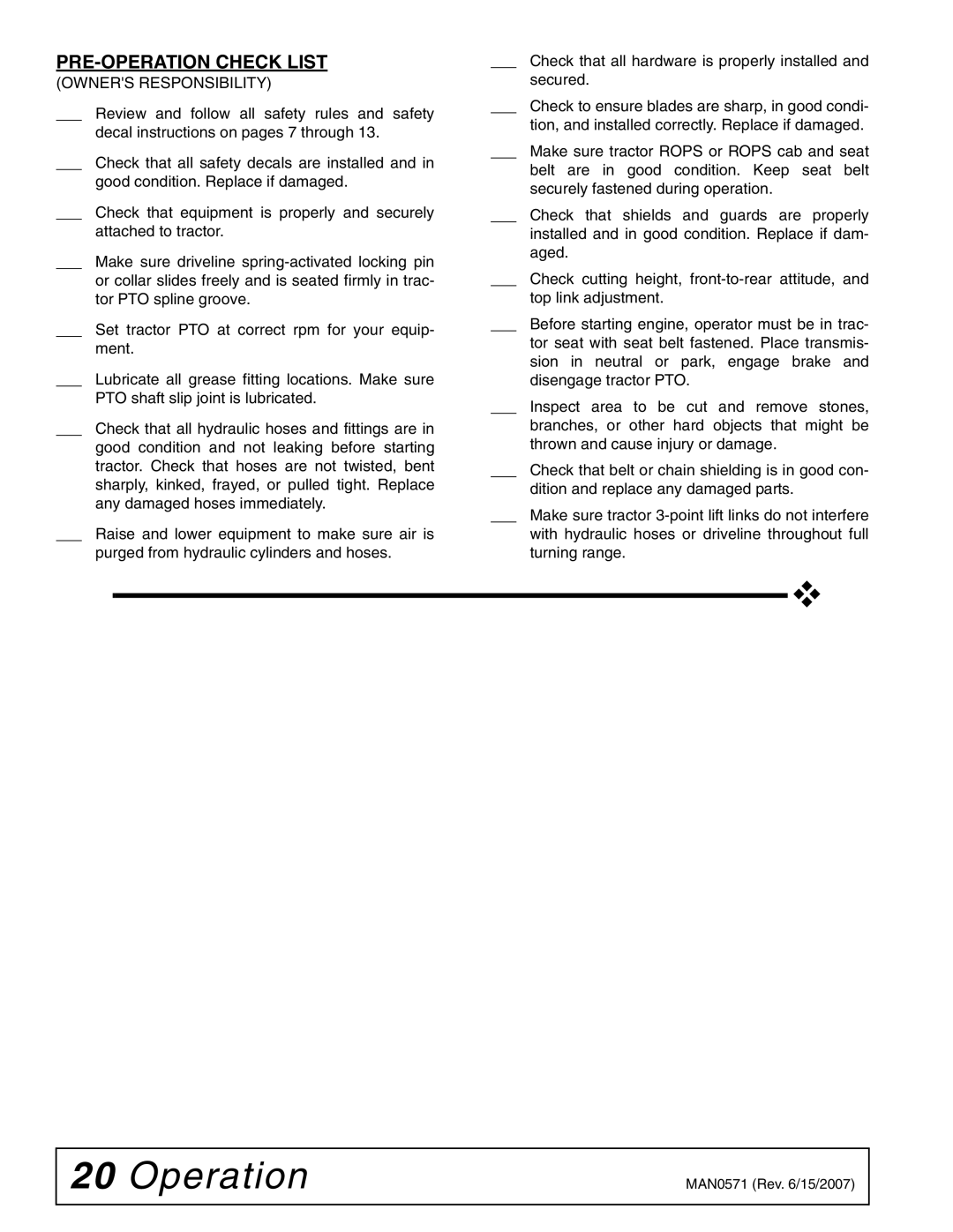 Woods Equipment DSO1260Q, DS1440Q, DS1260Q manual PRE-OPERATION Check List, Owners Responsibility 