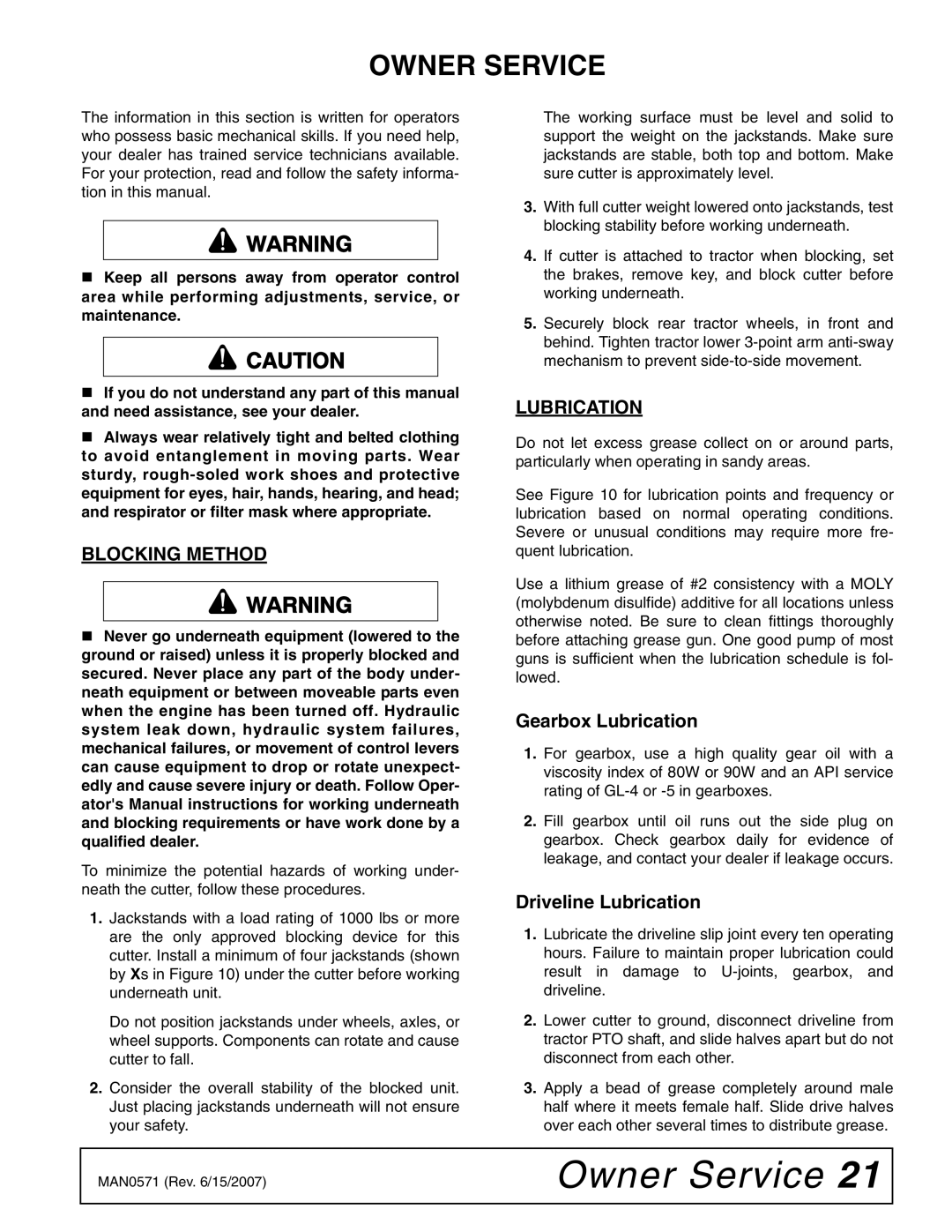 Woods Equipment DS1440Q, DSO1260Q, DS1260 Owner Service, Blocking Method, Gearbox Lubrication, Driveline Lubrication 