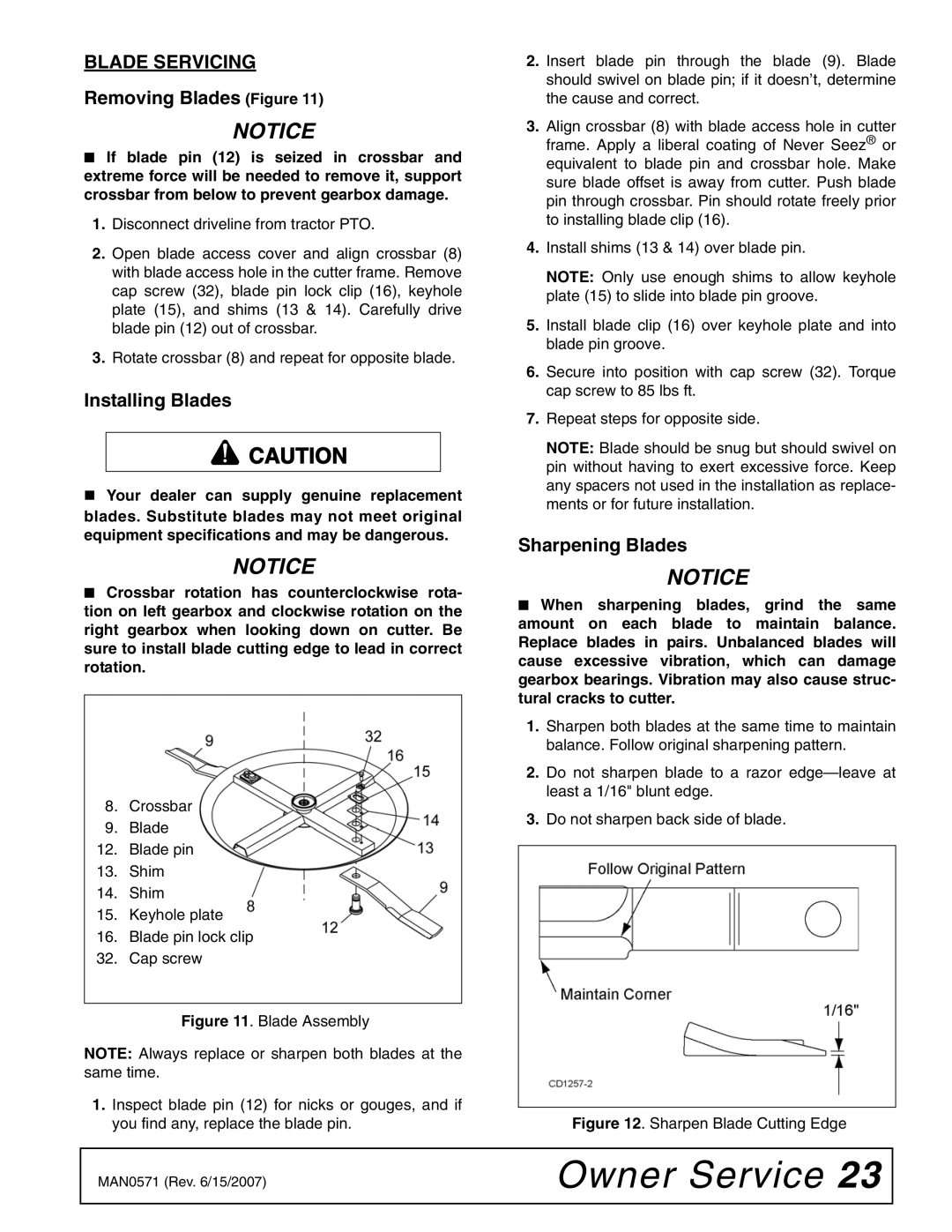 Woods Equipment DS1260Q, DSO1260Q, DS1440Q Blade Servicing, Removing Blades Figure, Installing Blades, Sharpening Blades 