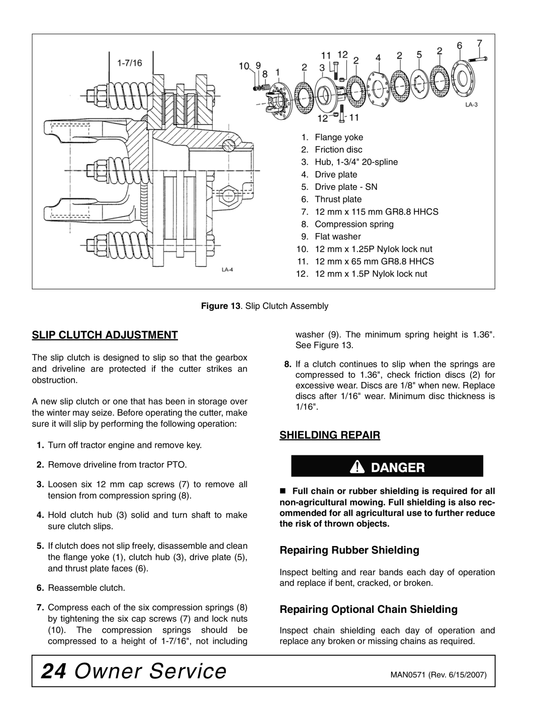 Woods Equipment DSO1260Q, DS1440Q, DS1260Q manual Slip Clutch Adjustment, Shielding Repair, Repairing Rubber Shielding 