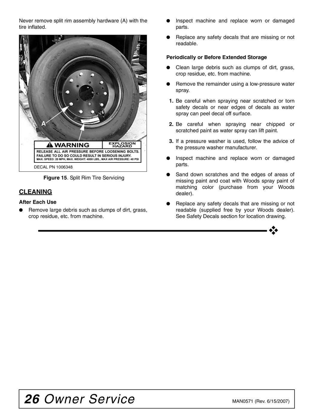 Woods Equipment DSO1260Q, DS1440Q, DS1260Q manual Cleaning, After Each Use, Periodically or Before Extended Storage 