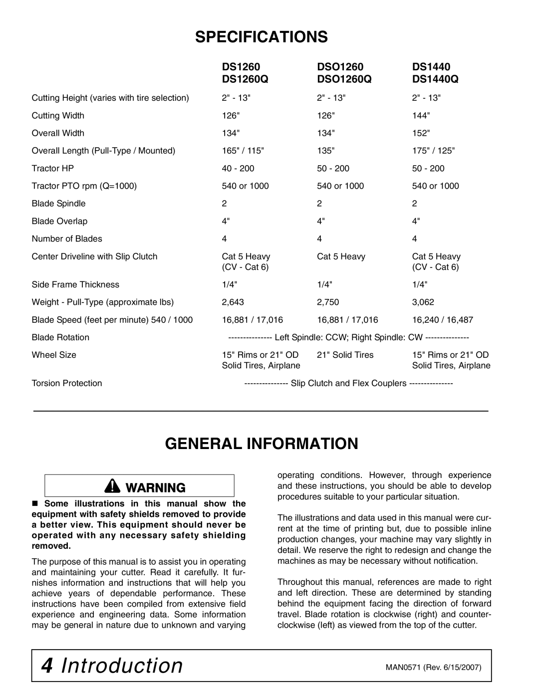 Woods Equipment manual Specifications, General Information, DS1260 DSO1260 DS1440 DS1260Q DSO1260Q DS1440Q 