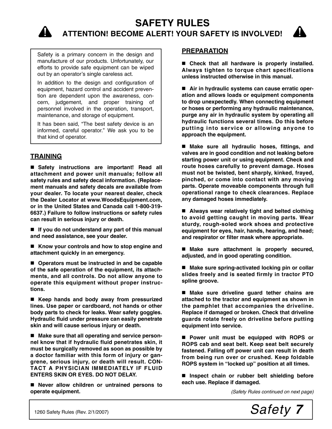 Woods Equipment DSO1260Q, DS1440Q, DS1260Q manual Safety Rules, Training, Preparation 