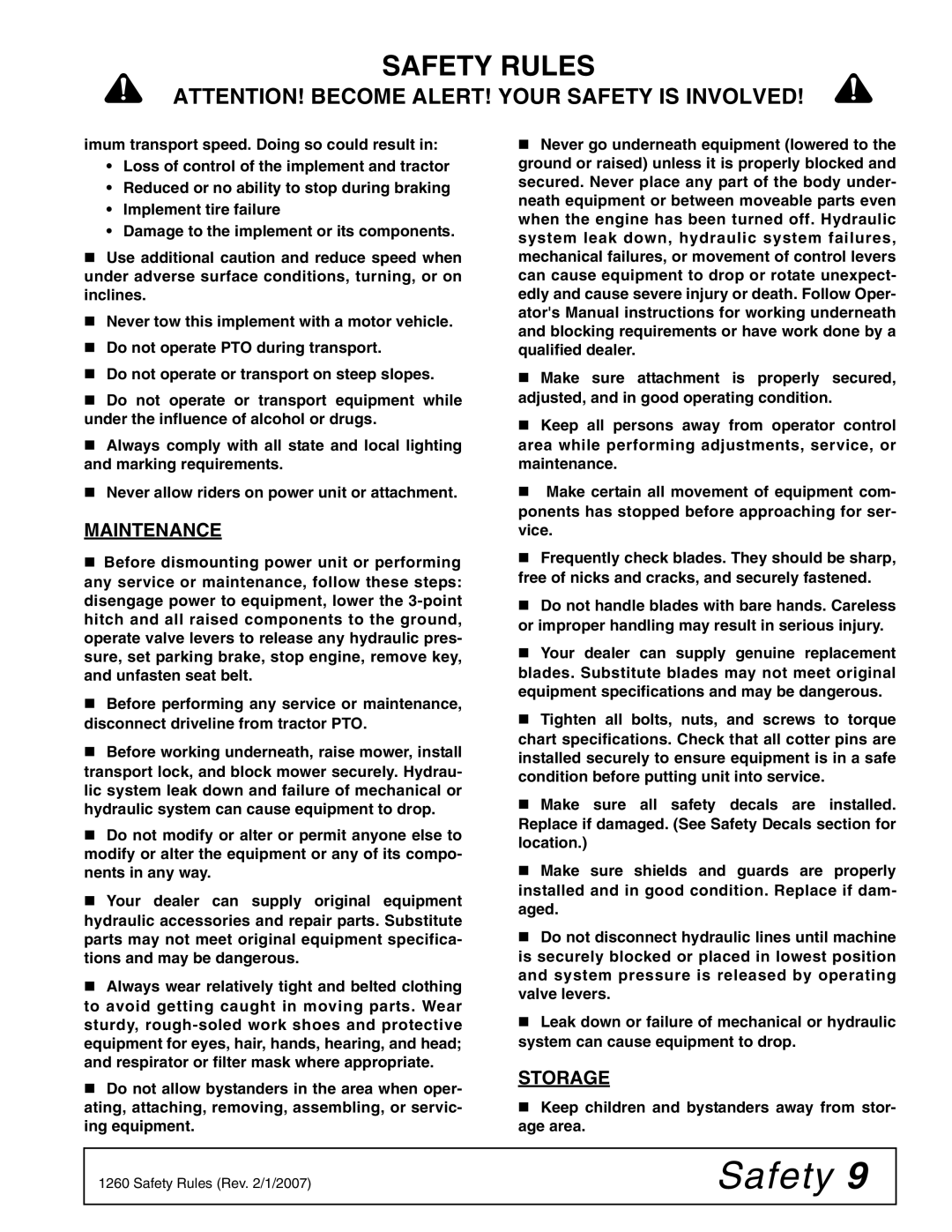 Woods Equipment DS1440Q, DSO1260Q, DS1260 manual Maintenance, Storage, Keep children and bystanders away from stor- age area 