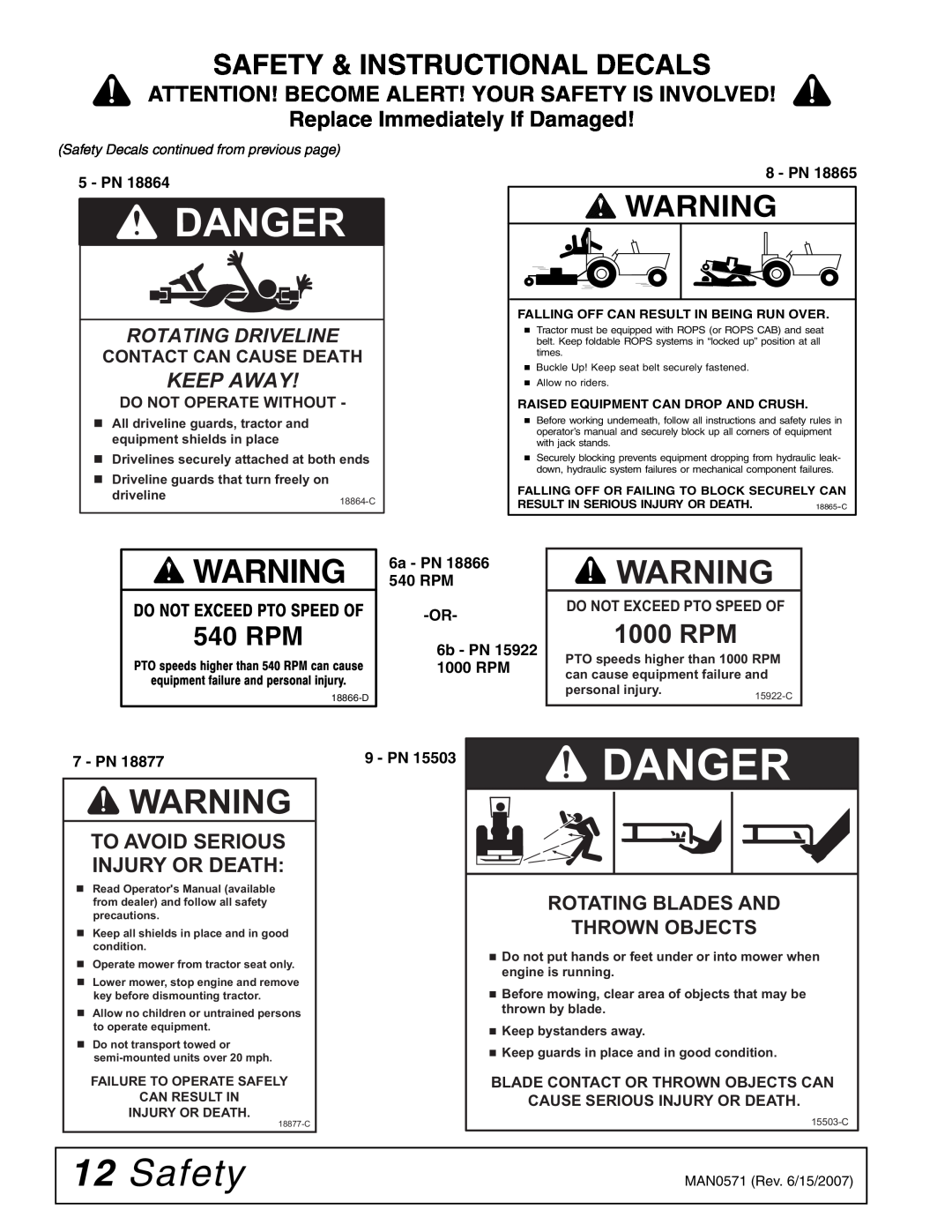 Woods Equipment DSO1260Q Danger, Safety & Instructional Decals, 1000 RPM, Replace Immediately If Damaged, Keep Away 
