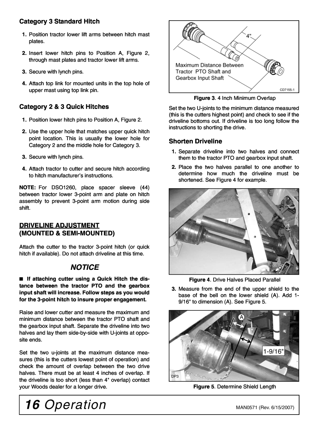 Woods Equipment DS1440 manual Operation, Category 3 Standard Hitch, Category 2 & 3 Quick Hitches, Shorten Driveline, 1-9/16 