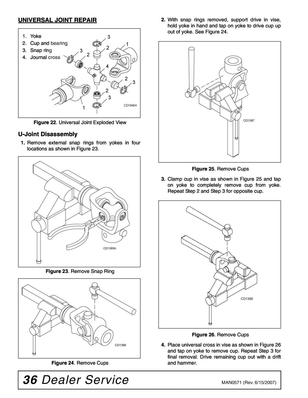 Woods Equipment DSO1260Q, DS1440Q, DS1260Q manual Dealer Service, Universal Joint Repair, U-Joint Disassembly 