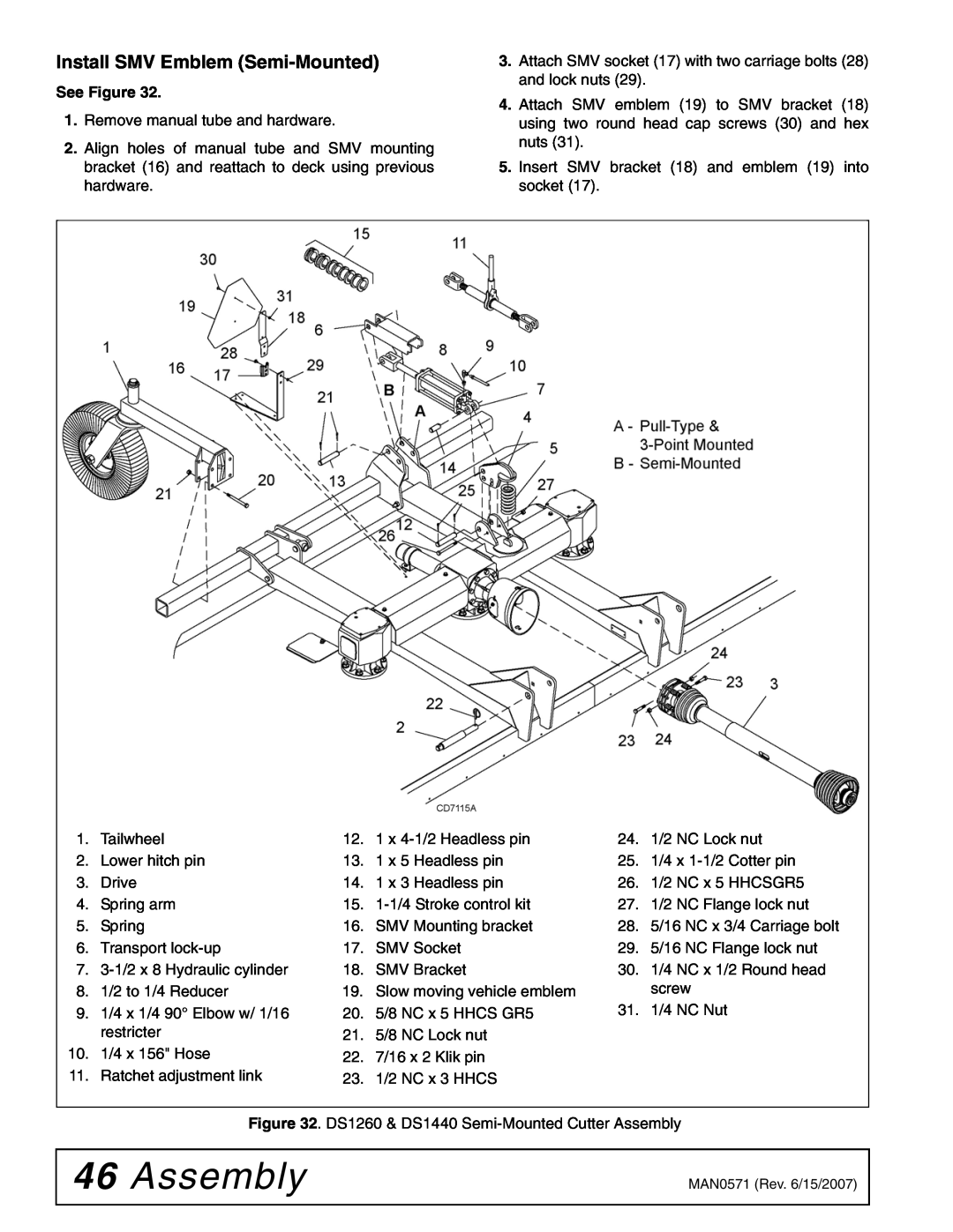Woods Equipment DSO1260Q, DS1440Q, DS1260Q manual Assembly, Install SMV Emblem Semi-Mounted 
