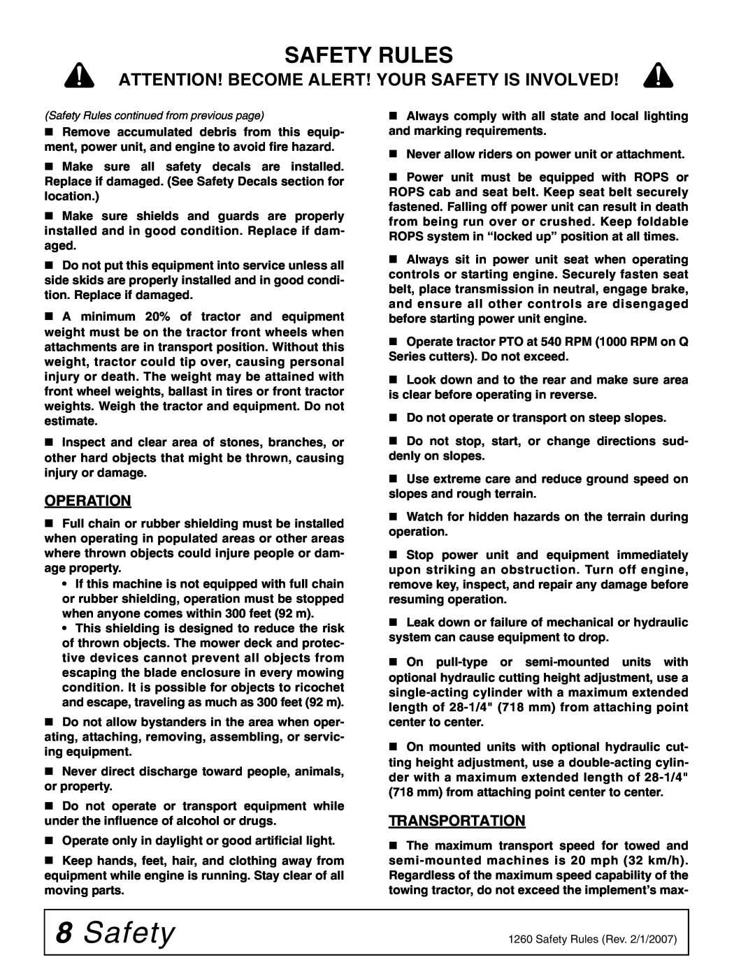 Woods Equipment DS1260 manual Safety Rules, Attention! Become Alert! Your Safety Is Involved, Operation, Transportation 