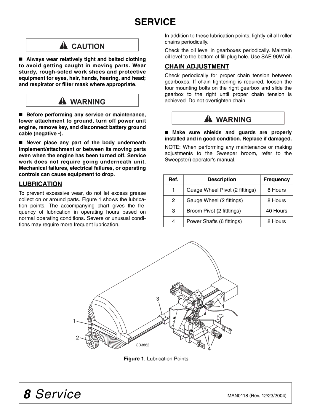 Woods Equipment FSW6000T, FSW6000F manual Service, Lubrication, Chain Adjustment, Description Frequency 