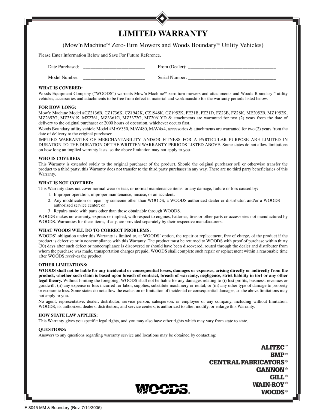 Woods Equipment FSW6000F, FSW6000T manual What is Covered 