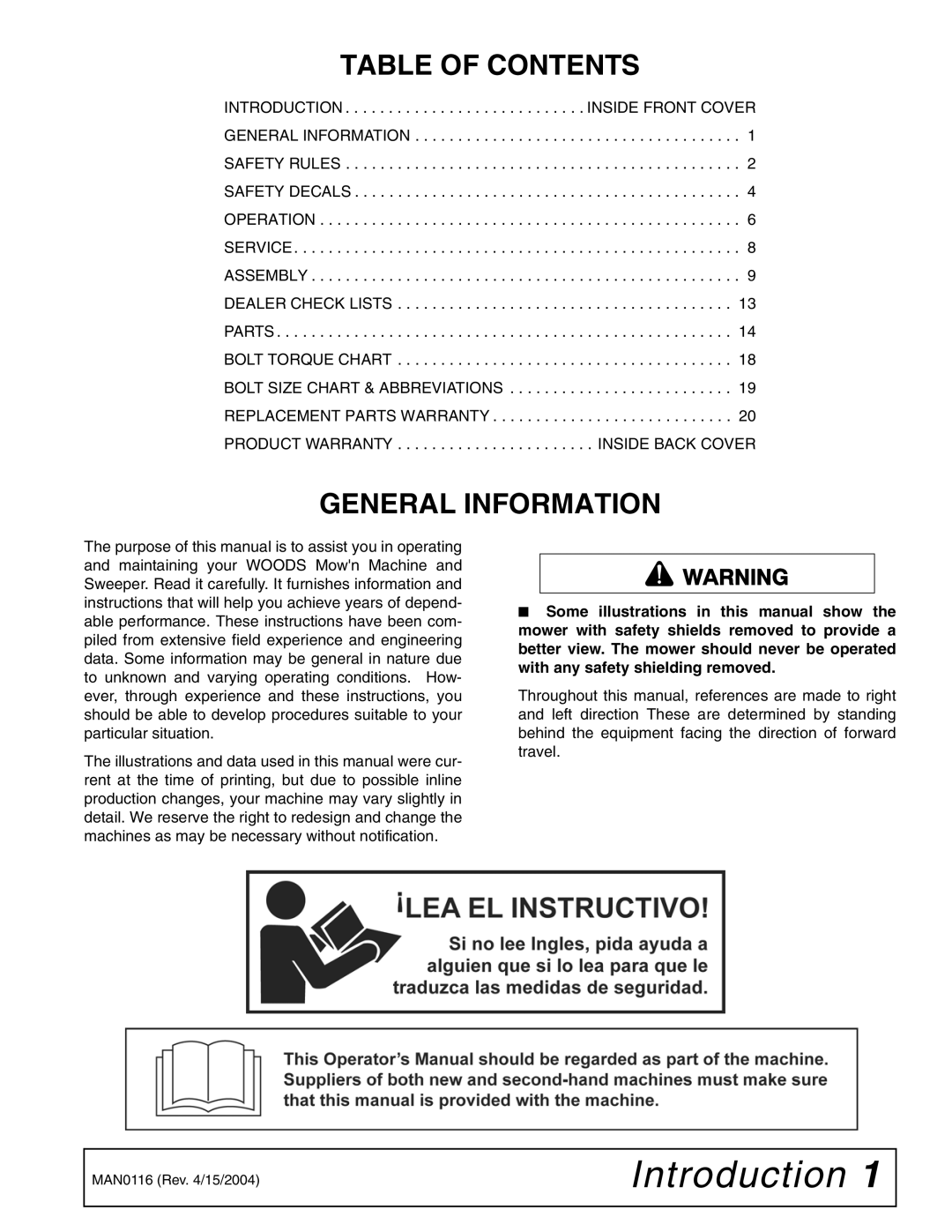 Woods Equipment FSW6000F, FSW6000T manual Introduction, Table of Contents 