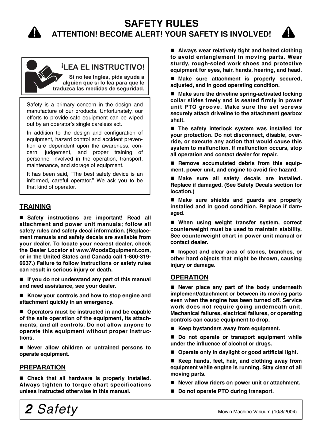 Woods Equipment FSW6000T, FSW6000F manual Safety Rules, Training, Preparation, Operation 