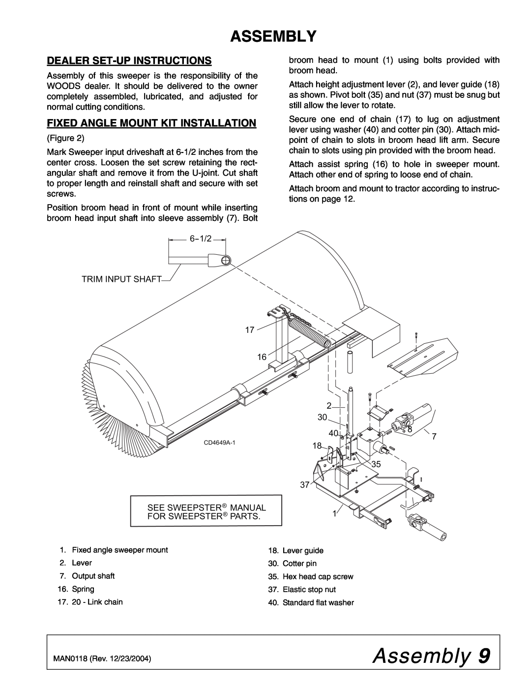 Woods Equipment FSW6000F, FSW6000T manual Assembly, Dealer Set-Up Instructions, Fixed Angle Mount Kit Installation 