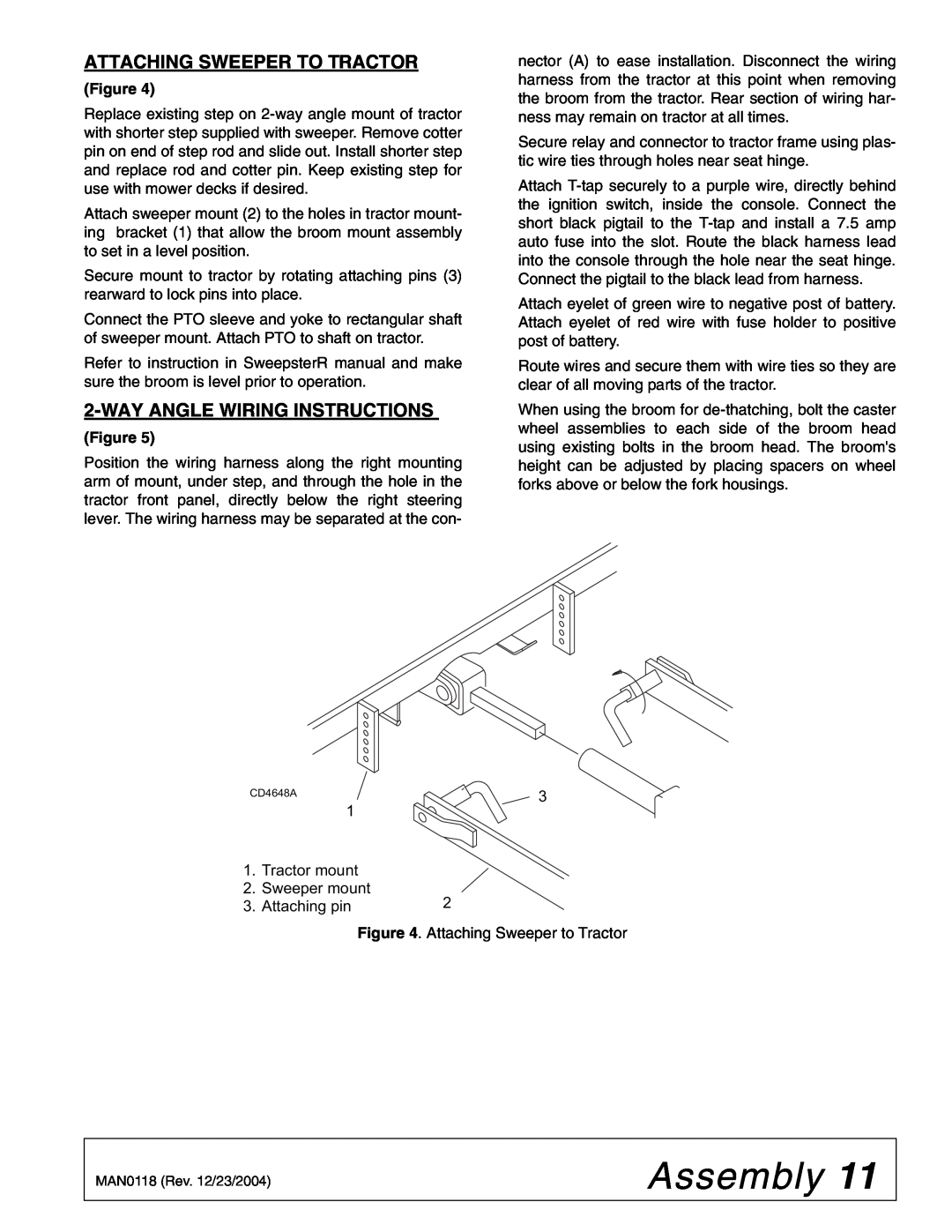 Woods Equipment FSW6000F, FSW6000T manual Attaching Sweeper To Tractor, Way Angle Wiring Instructions, Assembly 