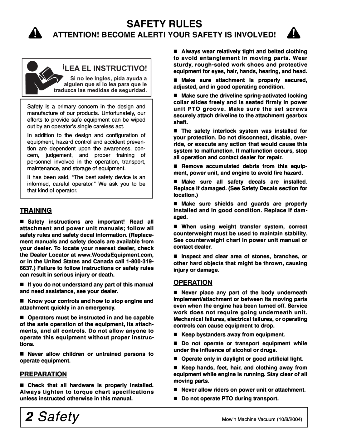 Woods Equipment FSW6000T manual Safety Rules, Attention! Become Alert! Your Safety Is Involved, Training, Preparation 