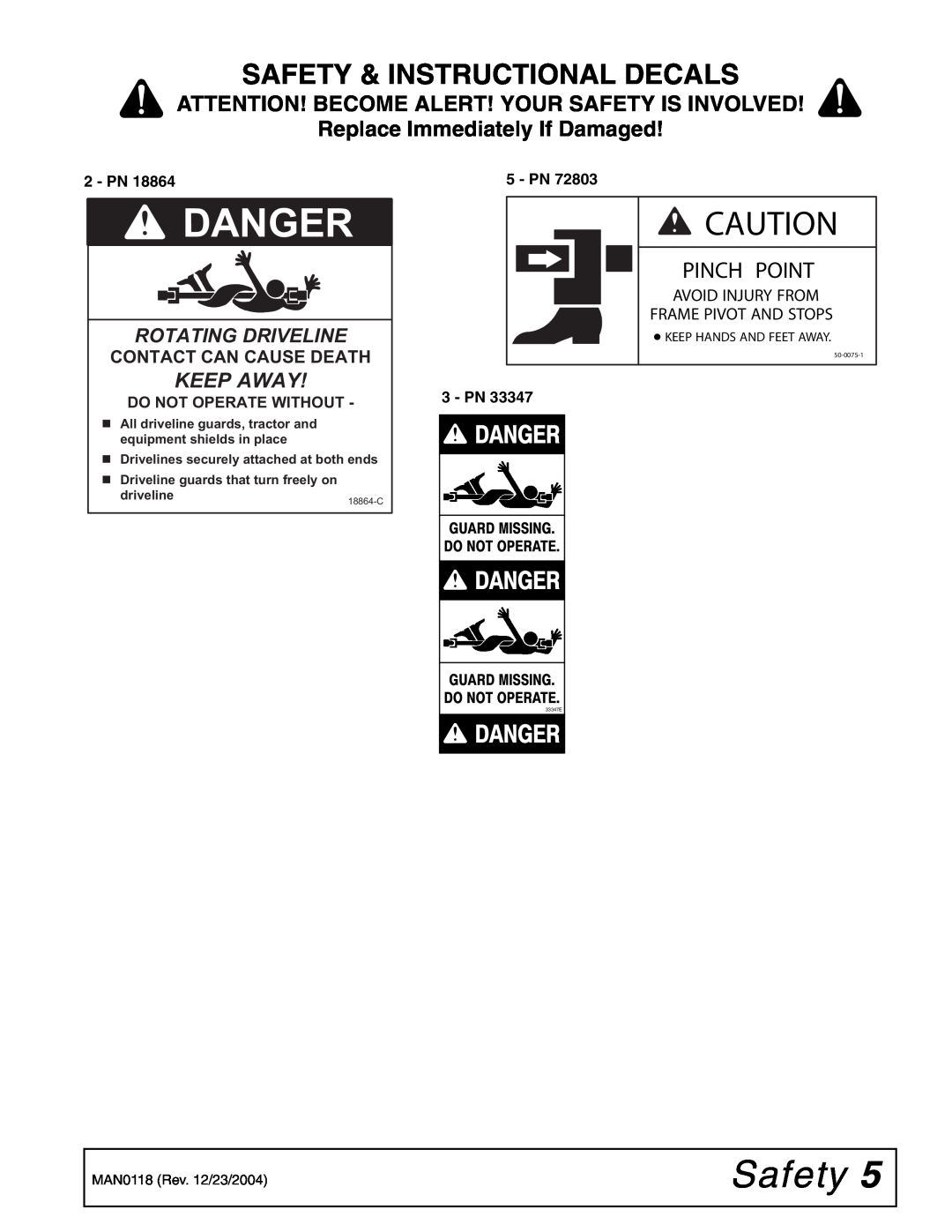 Woods Equipment FSW6000F Danger, Safety & Instructional Decals, 33347E, Replace Immediately If Damaged, Keep Away 