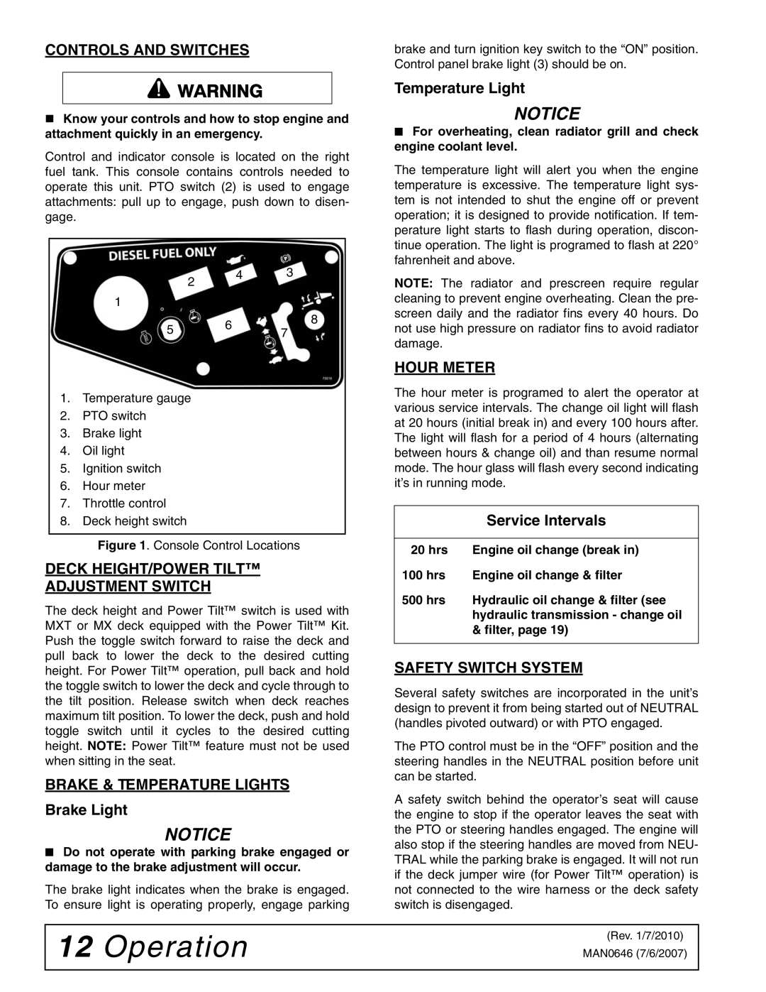 Woods Equipment FZ25D manual Controls and Switches, Deck HEIGHT/POWER Tilt Adjustment Switch, Brake & Temperature Lights 