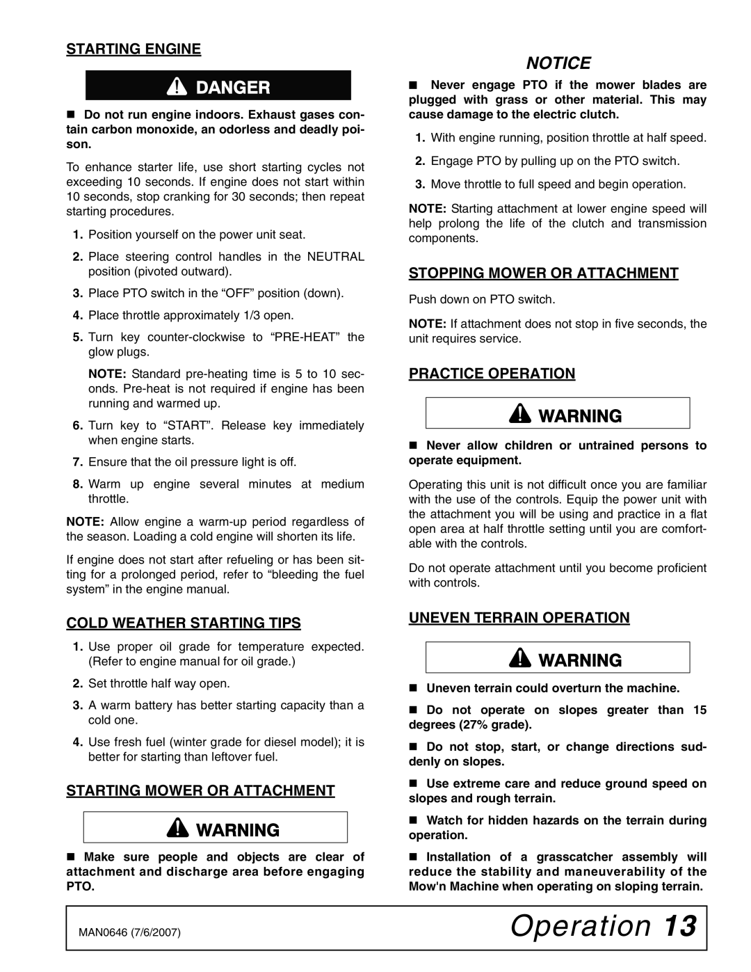 Woods Equipment FZ25D manual Starting Engine, Cold Weather Starting Tips, Starting Mower or Attachment, Practice Operation 