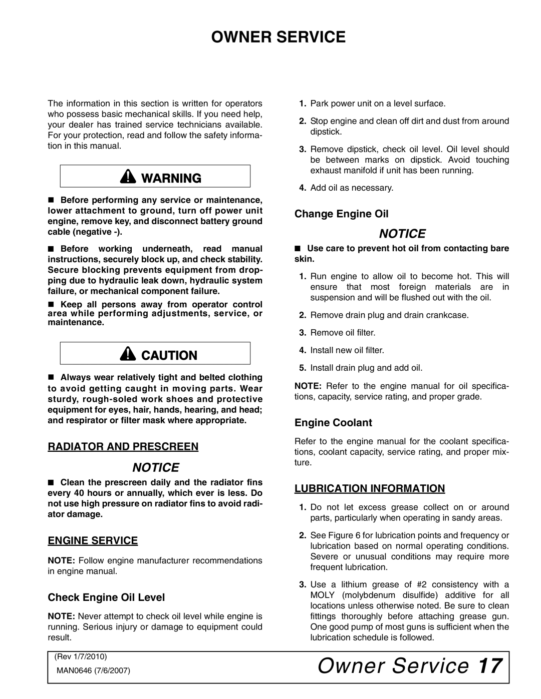 Woods Equipment FZ25D manual Owner Service, Radiator and Prescreen, Engine Service, Lubrication Information 