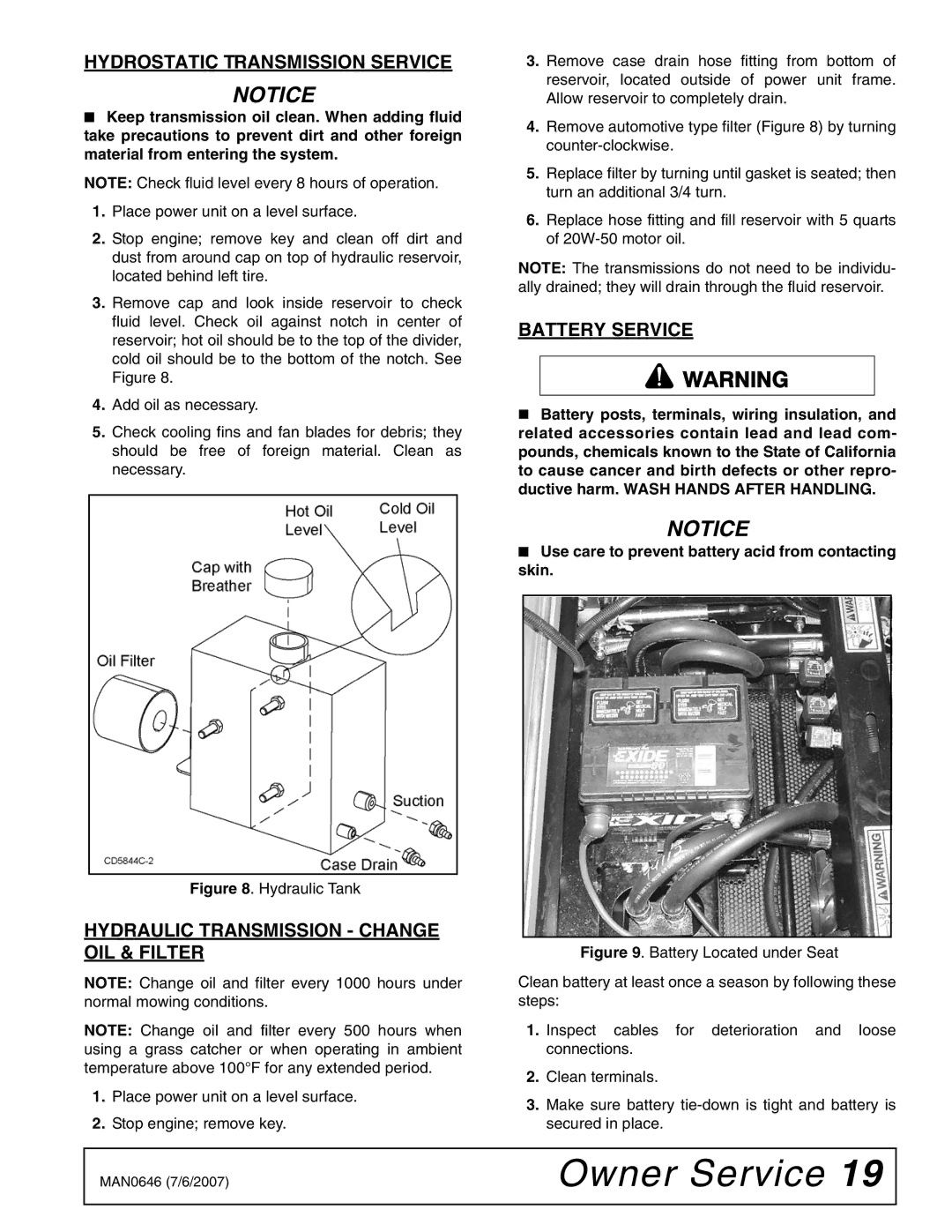 Woods Equipment FZ25D manual Hydrostatic Transmission Service, Hydraulic Transmission Change OIL & Filter, Battery Service 