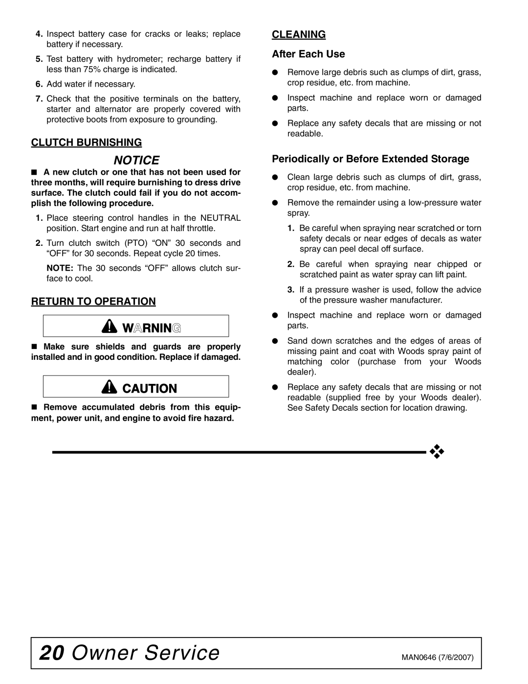 Woods Equipment FZ25D manual Clutch Burnishing, Return to Operation, Cleaning, After Each Use 