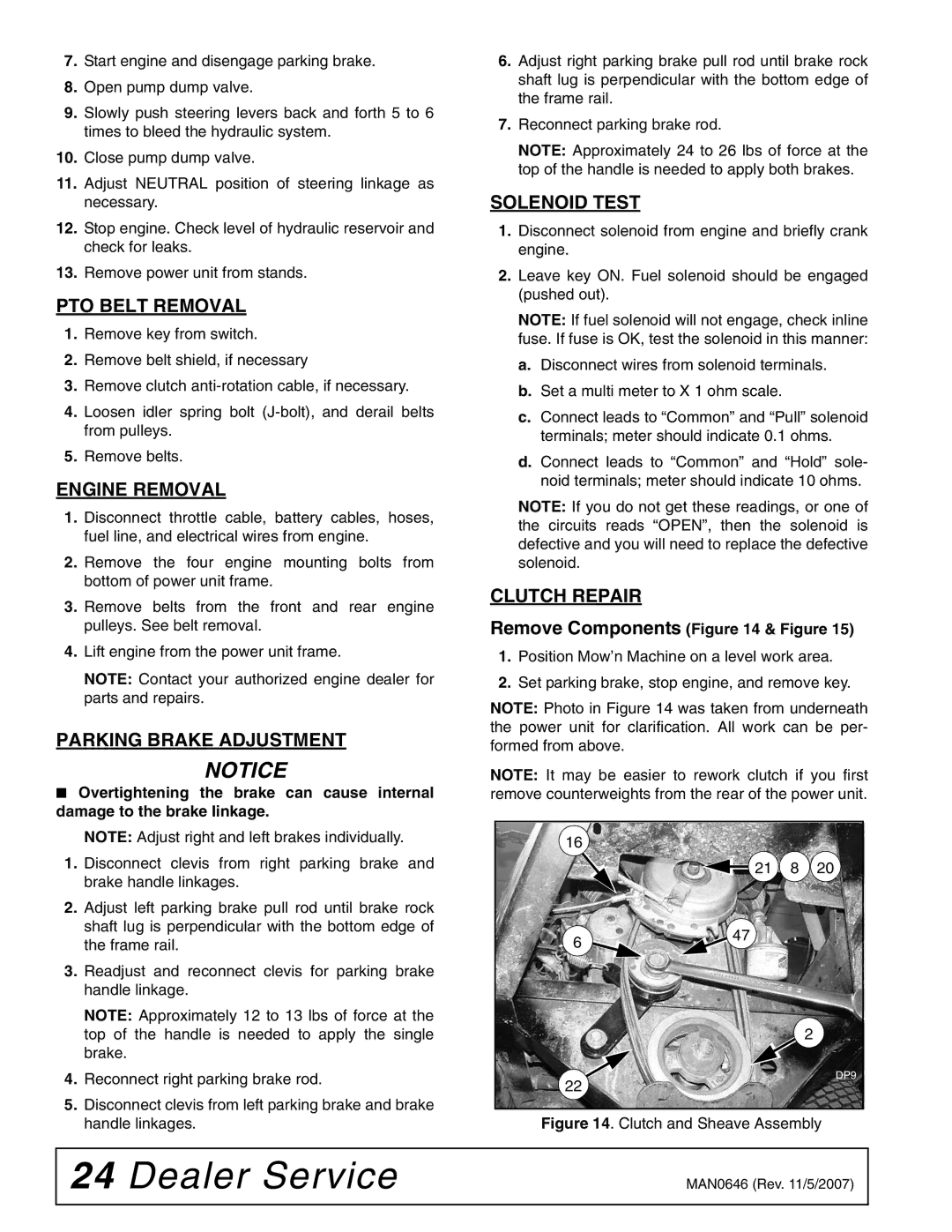 Woods Equipment FZ25D manual PTO Belt Removal, Engine Removal, Parking Brake Adjustment, Solenoid Test, Clutch Repair 