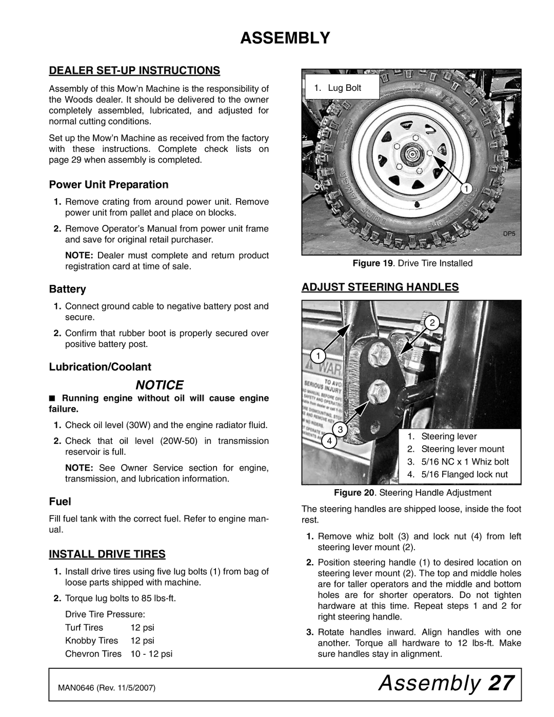 Woods Equipment FZ25D manual Assembly, Dealer SET-UP Instructions, Install Drive Tires, Adjust Steering Handles 