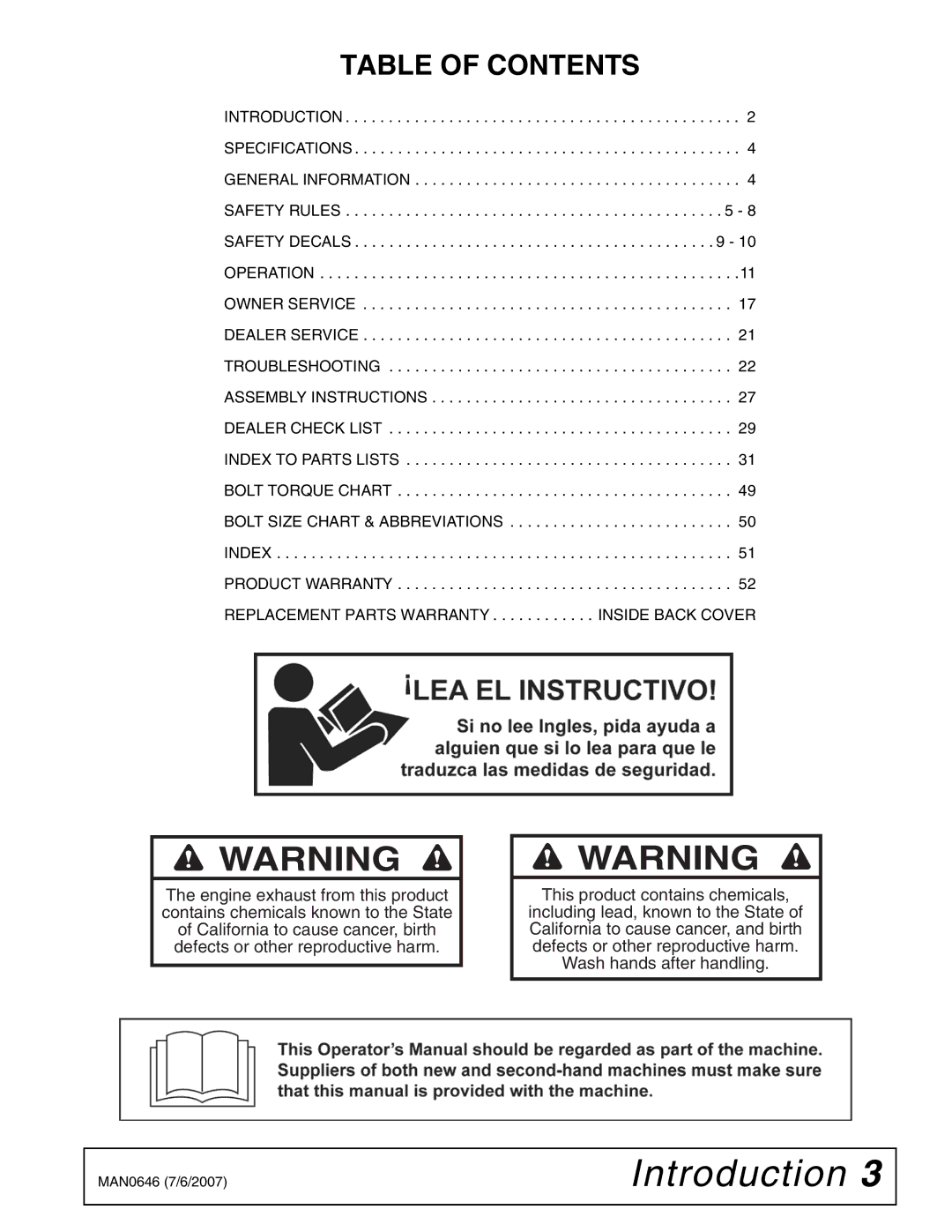 Woods Equipment FZ25D manual Table of Contents 