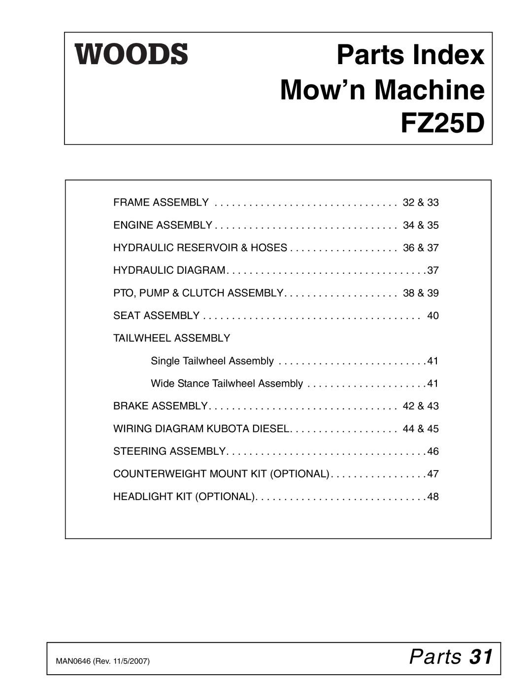 Woods Equipment FZ25D manual Parts 