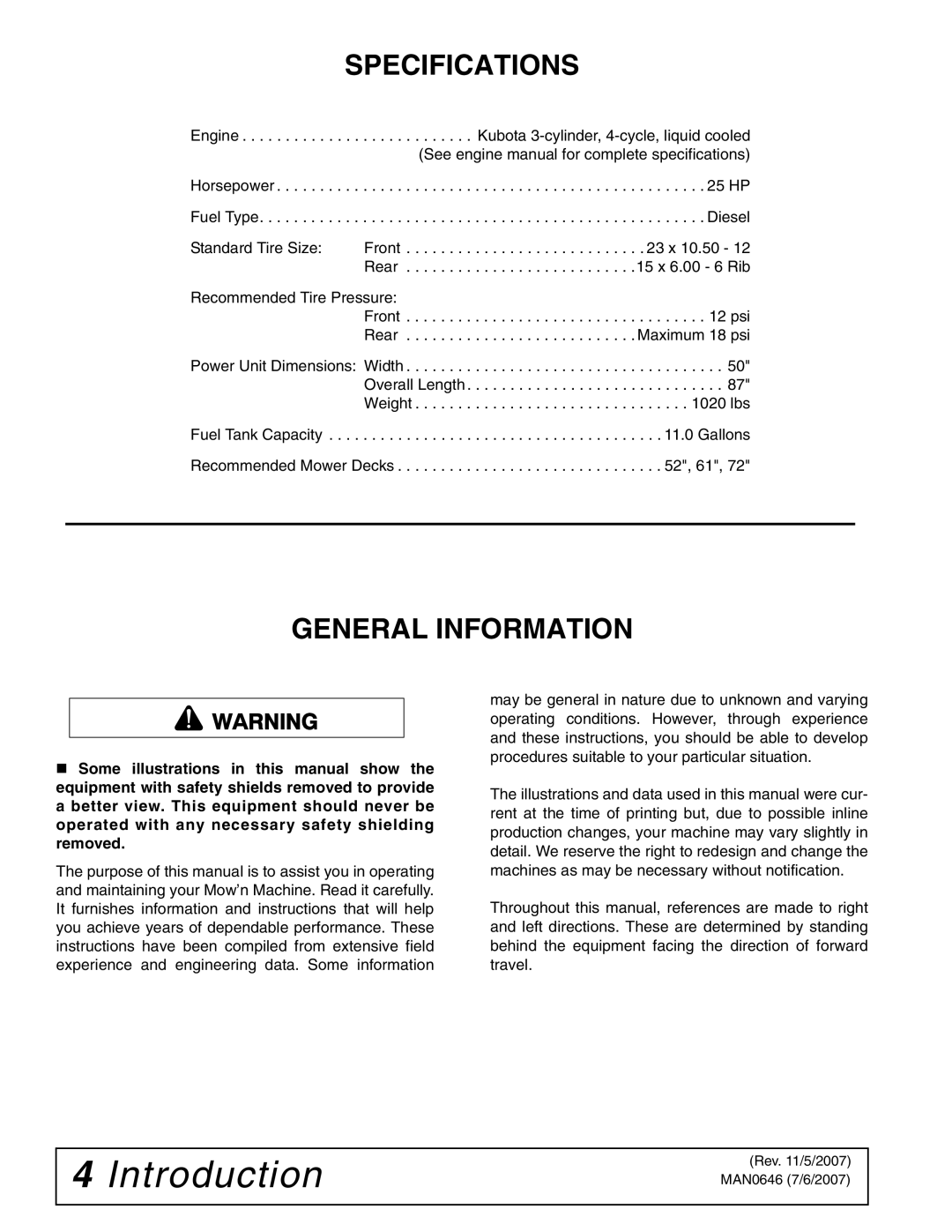 Woods Equipment FZ25D manual Specifications, General Information 