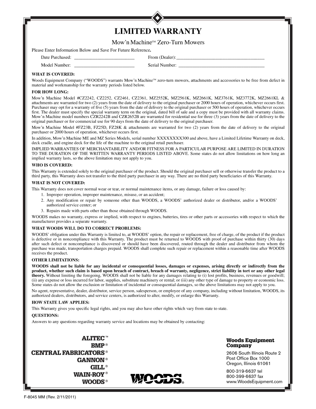 Woods Equipment FZ25D manual Limited Warranty 