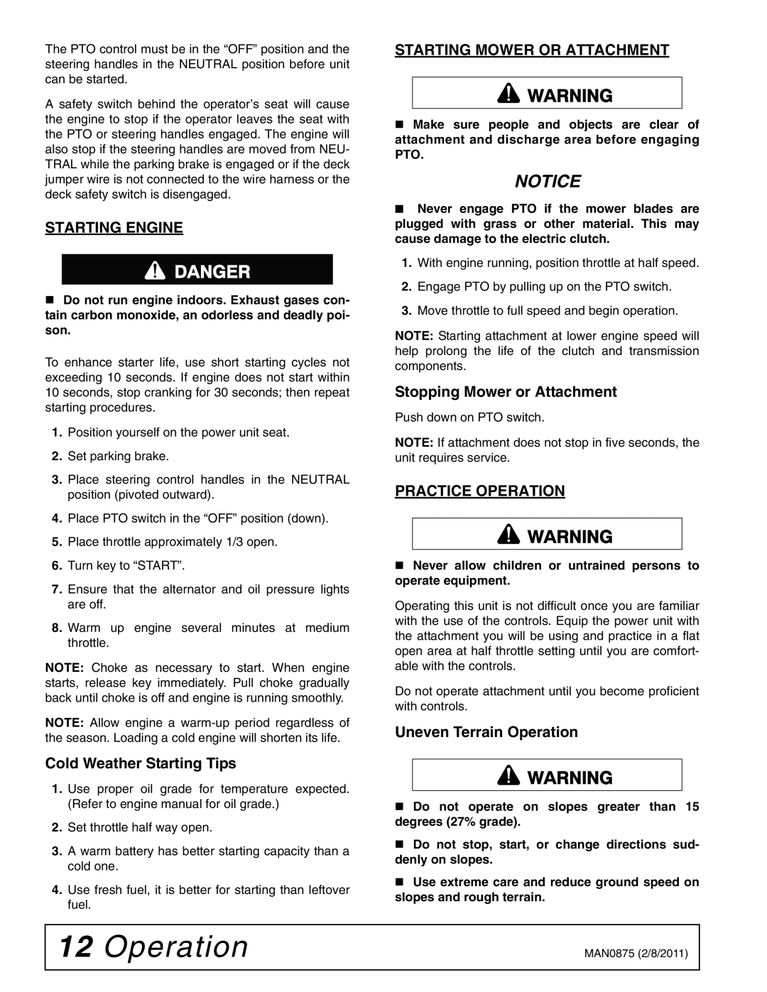 Woods Equipment FZ28K, FZ23B manual Starting Engine, Starting Mower or Attachment, Practice Operation 