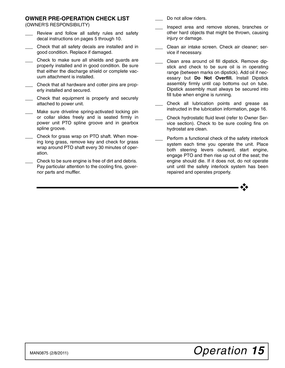 Woods Equipment FZ23B, FZ28K manual Owner PRE-OPERATION Check List, Owners Responsibility 