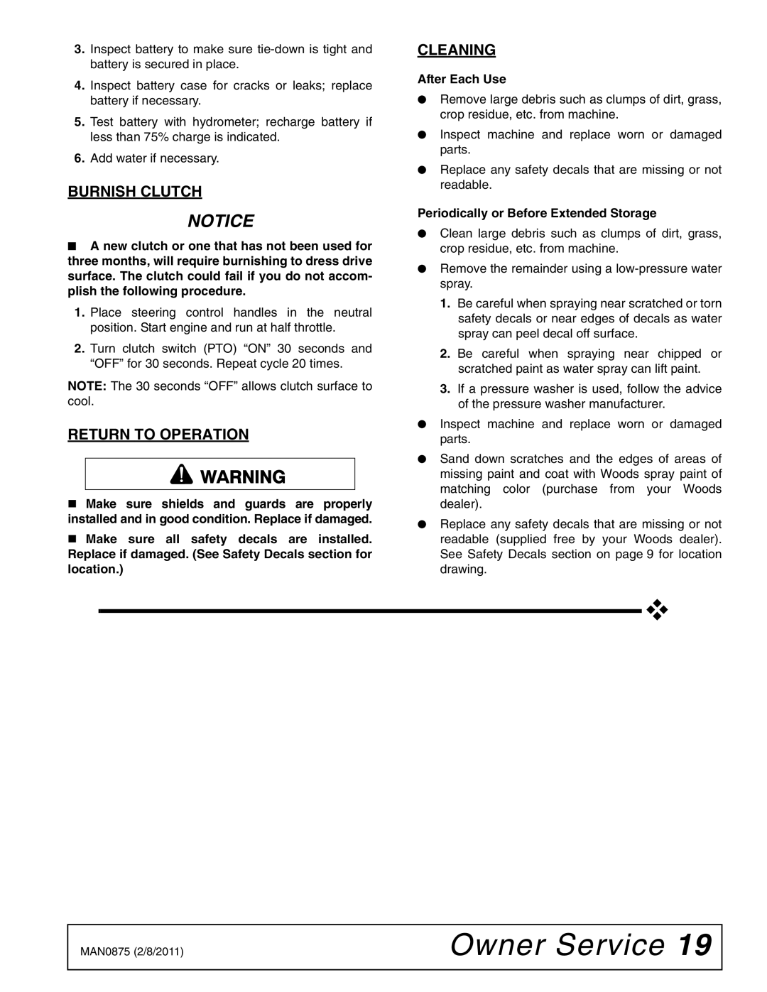 Woods Equipment FZ23B, FZ28K manual Burnish Clutch, Return to Operation, Cleaning, After Each Use 