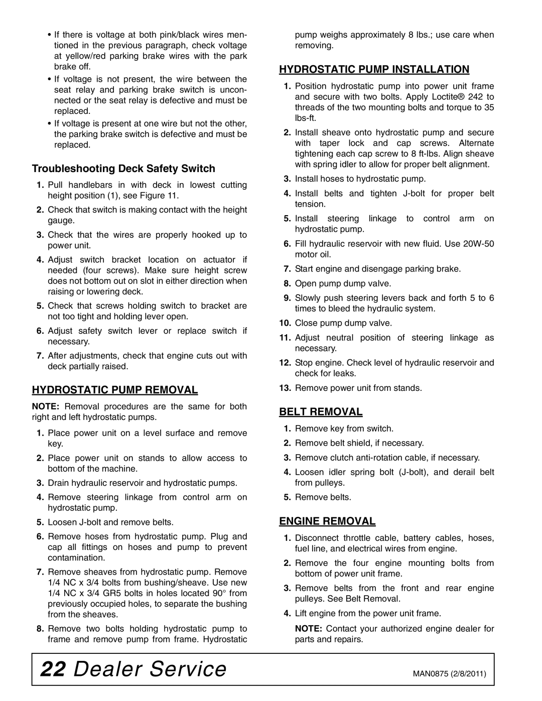 Woods Equipment FZ28K, FZ23B Troubleshooting Deck Safety Switch, Hydrostatic Pump Removal, Hydrostatic Pump Installation 