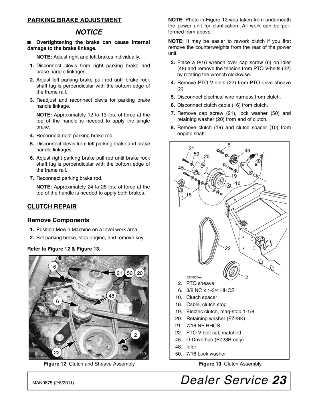 Woods Equipment FZ23B, FZ28K manual Parking Brake Adjustment, Clutch Repair, Remove Components, Refer to & Figure 