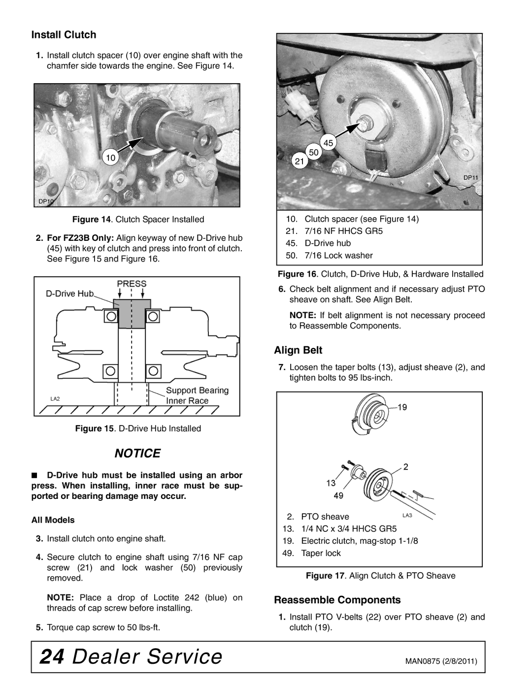 Woods Equipment FZ28K, FZ23B manual Install Clutch, Align Belt, Reassemble Components 