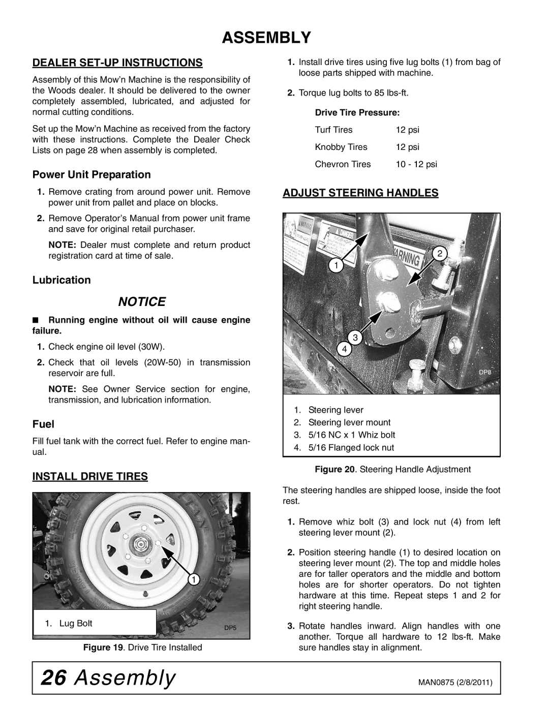 Woods Equipment FZ28K, FZ23B manual Assembly, Dealer SET-UP Instructions, Install Drive Tires, Adjust Steering Handles 