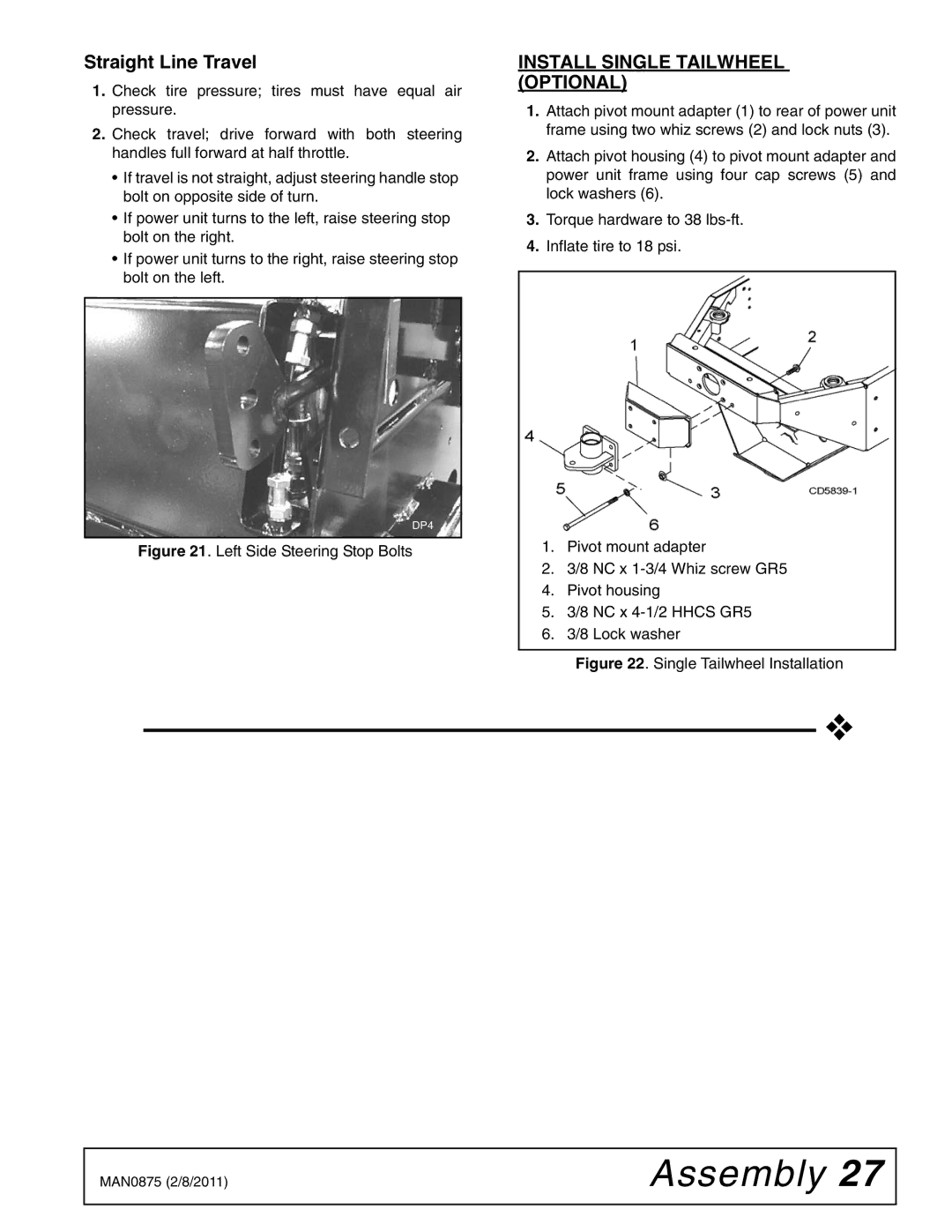 Woods Equipment FZ23B, FZ28K manual Install Single Tailwheel Optional, Single Tailwheel Installation 