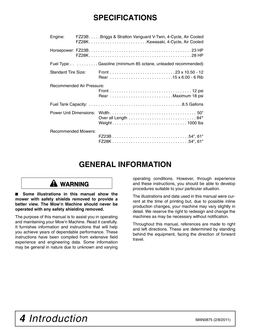 Woods Equipment FZ28K, FZ23B manual Specifications, General Information 