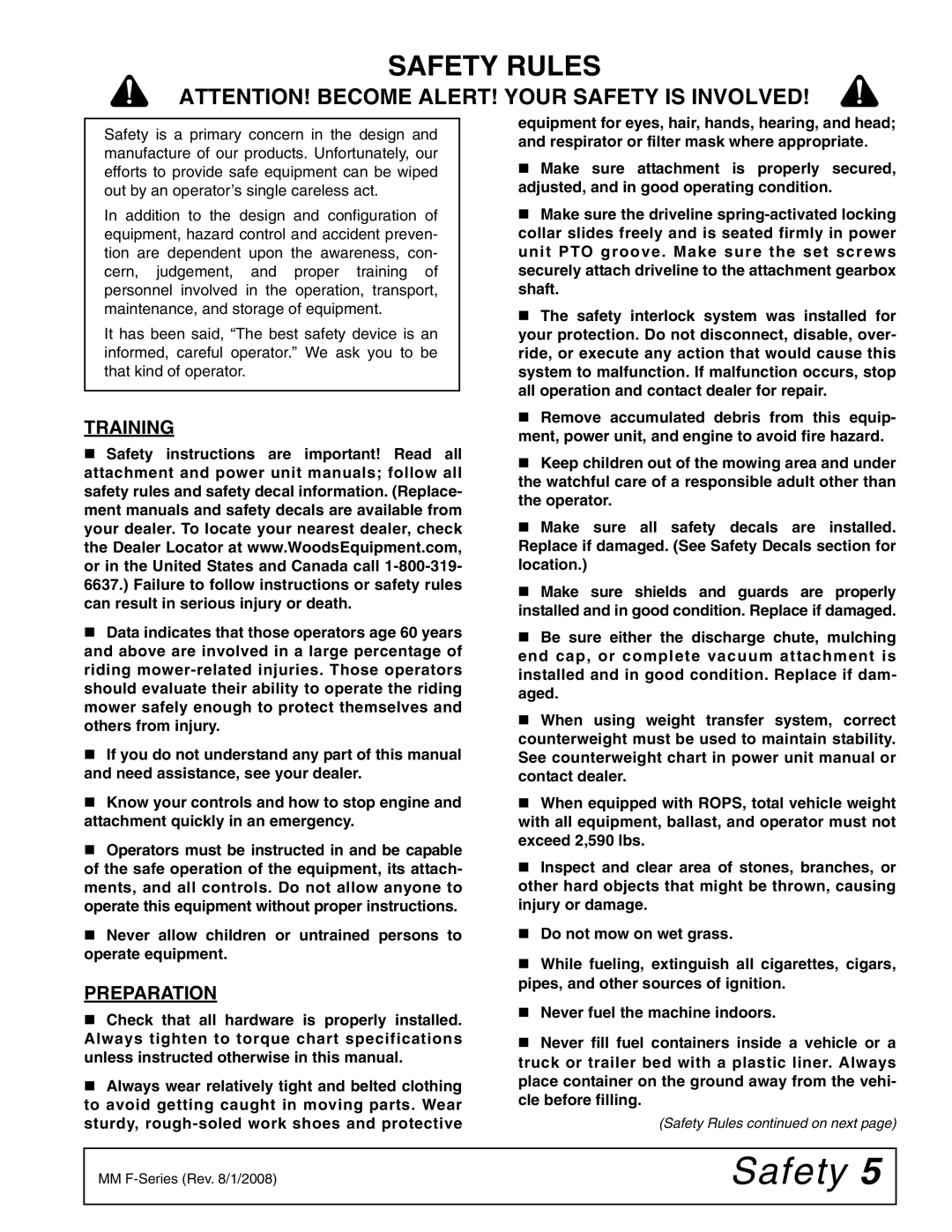 Woods Equipment FZ23B, FZ28K manual Safety Rules, Training, Preparation 