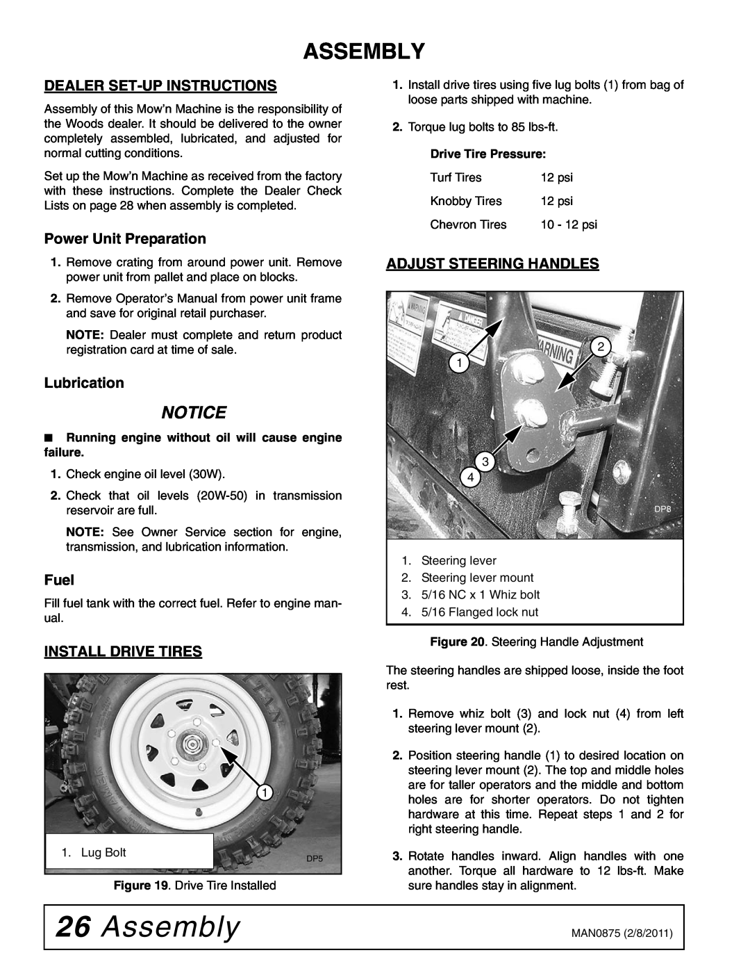 Woods Equipment FZ28K Assembly, Dealer Set-Upinstructions, Power Unit Preparation, Lubrication, Fuel, Install Drive Tires 