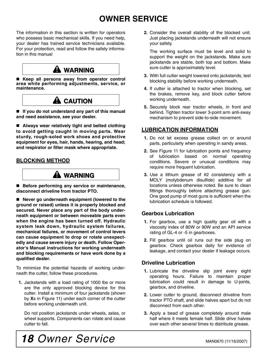 Woods Equipment HC72, HC54, HC48, HC60 manual Owner Service, Blocking Method, Lubrication Information 