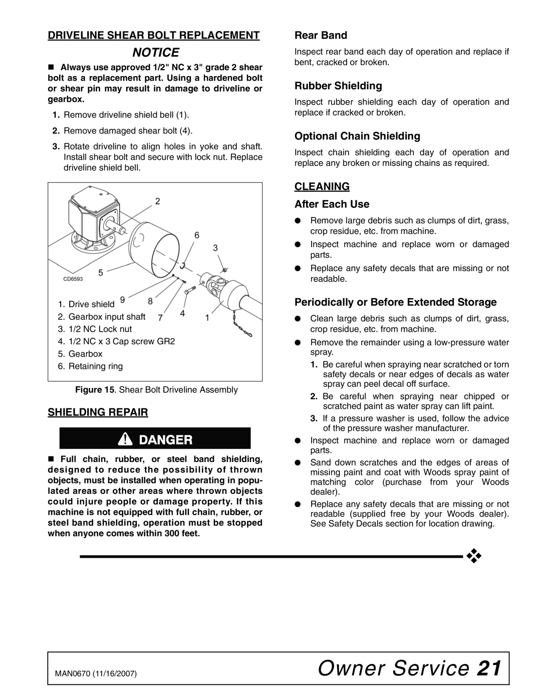 Woods Equipment HC48, HC54, HC72, HC60 manual Driveline Shear Bolt Replacement, Shielding Repair, Cleaning 